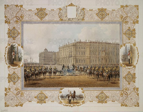 Review of the Horse-Guardsmen Regiment in Front of the Winter Palace, 1850s. Artist: Sadovnikov, Vasily Semyonovich (1800-1879)