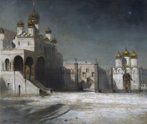 The Cathedral Square in the Moscow Kremlin at Night, 1878. Artist: Savrasov, Alexei Kondratyevich (1830-1897)