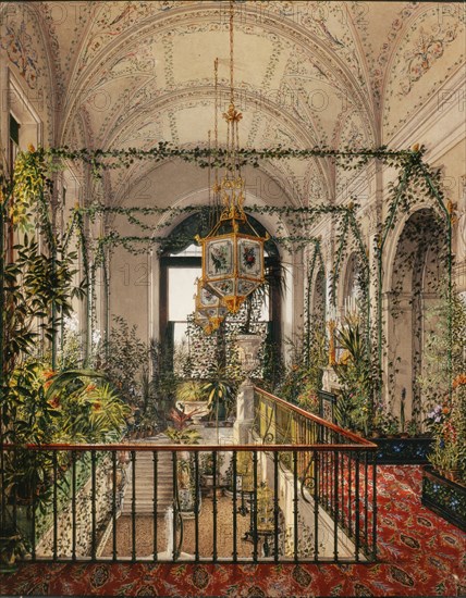 Interiors of the Winter Palace. The Small Winter Garden in the Apartments of Alexandra Fyodorovna, 1870s. Artist: Ukhtomsky, Konstantin Andreyevich (1818-1881)