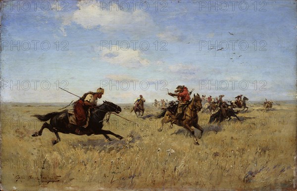 Fight between Dnieper Cossacks and Tatars, 1892. Artist: Vasilkovsky, Sergei Ivanovich (1854-1917)