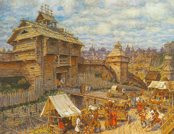 Wooden City of Moscow in the 14th century. Artist: Vasnetsov, Appolinari Mikhaylovich (1856-1933)