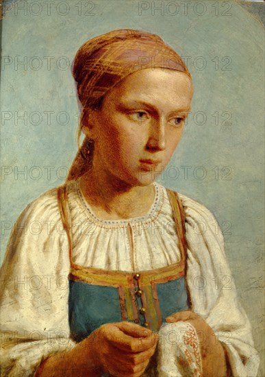 Embroidery Country Girl, 1843. Artist: Venetsianov, Alexei Gavrilovich (1780-1847)