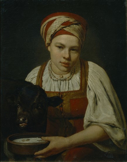 A Peasant Girl with a Calf, End 1820s. Artist: Venetsianov, Alexei Gavrilovich (1780-1847)