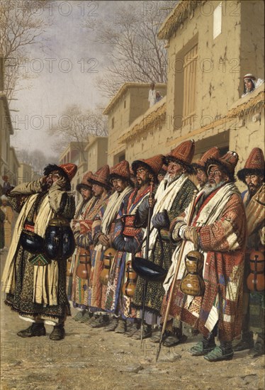 Dervishes' Chorus Begging Alms in Tashkent, 1870. Artist: Vereshchagin, Vasili Vasilyevich (1842-1904)