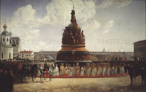 The Consecration of the Monument  to the Millennium of Russia in Novgorod on 1862, 1864. Artist: Willewalde, Gottfried (Bogdan Pavlovich) (1818-1903)