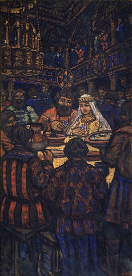 The Wedding of the Grand Duke Vladimir I. Svyatoslavich (Triptych, Central panel), 1920s. Artist: Yakovlev, Mikhail Nikolayevich (1880-1942)