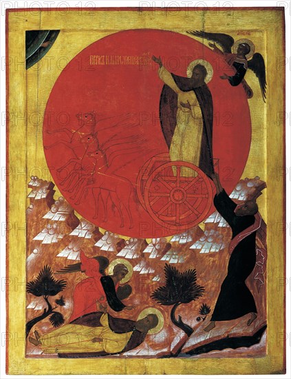 The Prophet Elijah and the Fiery Chariot, 1570s. Artist: Russian icon