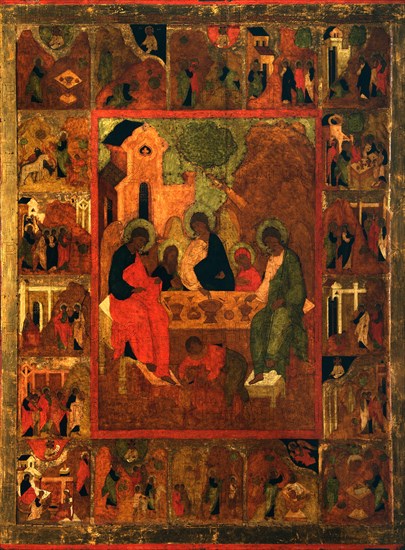 The Hospitality of Abraham (Old Testament Trinity), End of 16th cen.. Artist: Russian icon