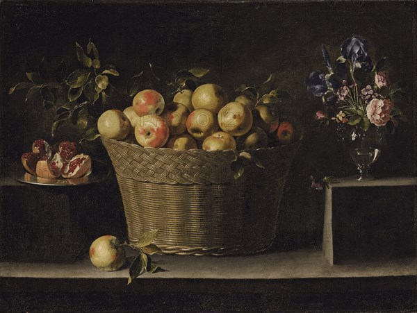 Apples in a wicker basket, an pomegranate on a silver plate and flowers in a glass vase. Artist: Zurbarán, Juan de (1620-1649)