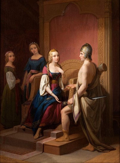 Heimdall returns the Brisingamen to Freya, 1846. Artist: Blommér, Nils Jakob (1816-1853)