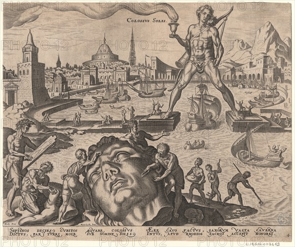 The Colossus of Rhodes (from the series The Eighth Wonders of the World) After Maarten van Heemskerck, 1572. Artist: Galle, Philipp (1537-1612)