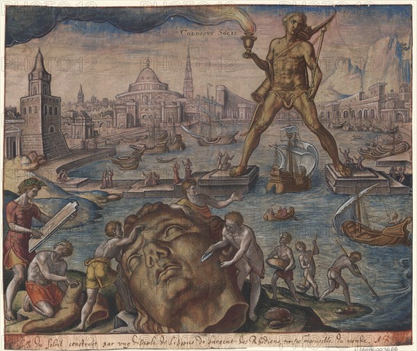 The Colossus of Rhodes (from the series The Eighth Wonders of the World) After Maarten van Heemskerck, 1572. Artist: Galle, Philipp (1537-1612)