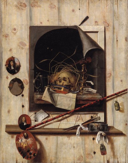 Trompe l'oeil with Studio Wall and Vanitas Still Life, 1668. Artist: Gijsbrechts, Cornelis Norbertus (before 1657-after 1675)