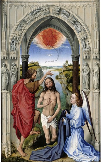 The Baptism of Christ (The Altar of St. John, middle panel), ca 1455. Artist: Weyden, Rogier, van der (ca. 1399-1464)