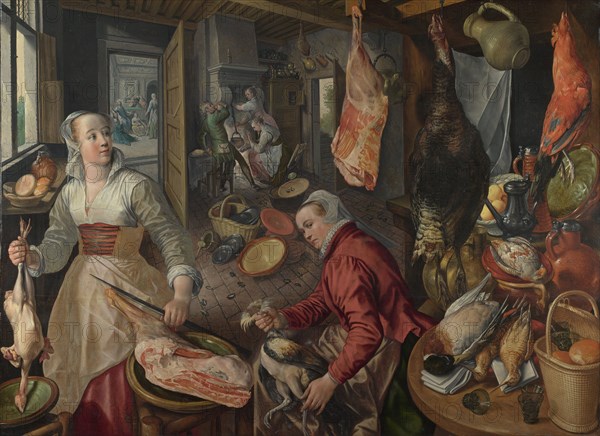 The Four Elements: Fire. A Kitchen Scene with Christ in the House of Martha and Mary in the Background, 1569. Artist: Beuckelaer, Joachim (ca. 1533-1574)