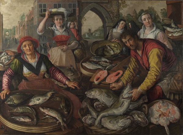 The Four Elements: Water. A Fish Market with the Miraculous Draught of Fishes in the Background, 1569. Artist: Beuckelaer, Joachim (ca. 1533-1574)