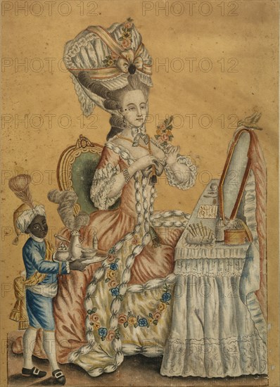Lady at a Toilette with a black boy, 1770s. Artist: Anonymous