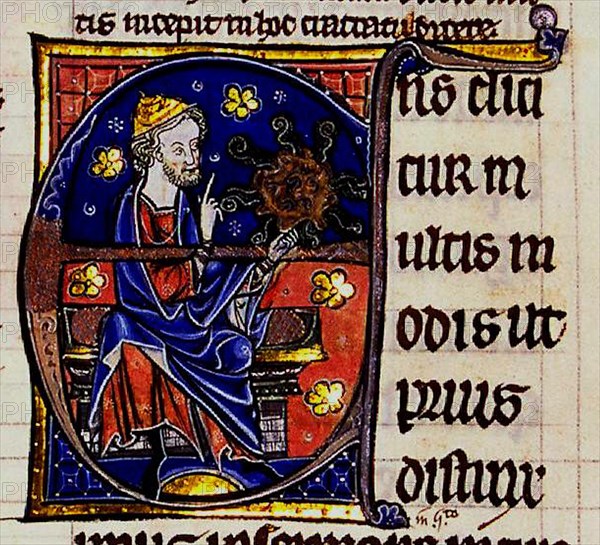 Aristotle. From: Commentarium magnum Averrois in Aristotelis De Anima libros, 13th century. Artist: Anonymous