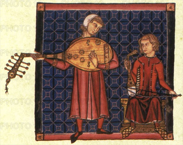 Two minstrels. Illustration from the codex of the Cantigas de Santa Maria, c. 1280. Artist: Anonymous