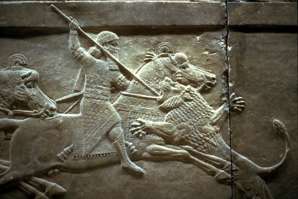 King Ashurnasirpal II during a royal lion hunt, 650-620 BC. Artist: Assyrian Art