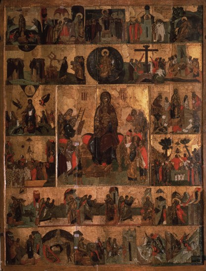 The Glorification of the Virgin (Akathist Hymn to the Most Holy Theotokos), 14th century. Artist: Russian icon