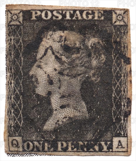 One Penny Black, the world's first postage stamp, c. 1840. Artist: Philately