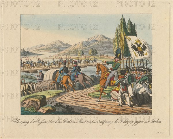 Russian army crosses the Pruth River into Moldavia on May 1828, 1829. Artist: Anonymous