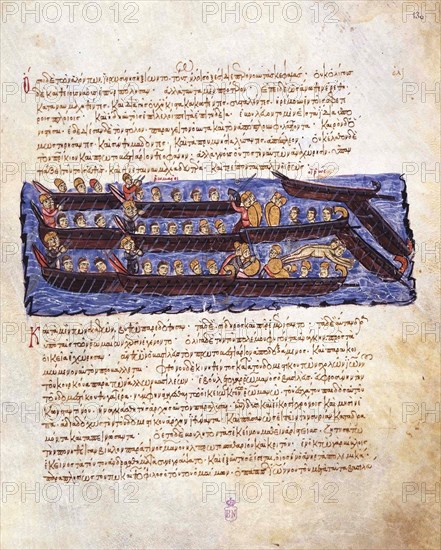 The repulsion of the Russian attack on Constantinople in 941 by the Byzantine fleet (Miniature from Artist: Anonymous