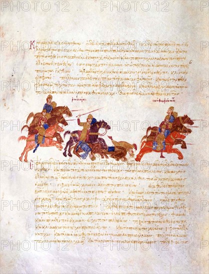 Pursuit of Sviatoslav's warriors by the Byzantine army (Miniature from the Madrid Skylitzes), 11th-1 Artist: Anonymous