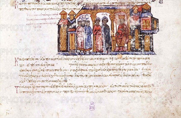 Grand Princess Olga visiting Constantine VII (Miniature from the Madrid Skylitzes), 11th-12th centur Artist: Anonymous