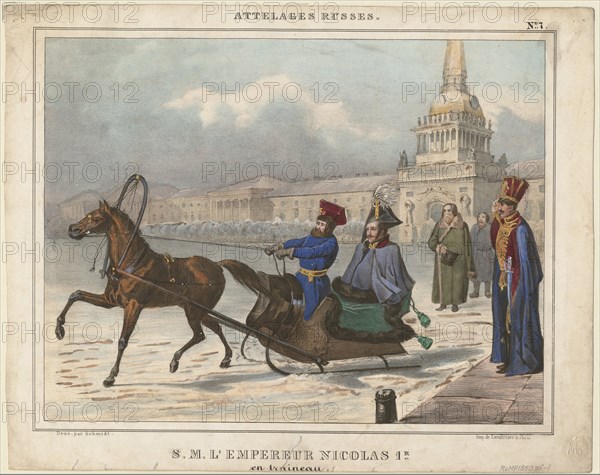 Nicholas I of Russia in a sleigh, 1850. Artist: Anonymous