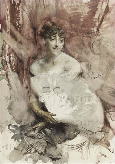 Woman with fan seated in a theatre box (Countess of Rasti), ca 1878. Artist: Boldini, Giovanni (1842-1931)