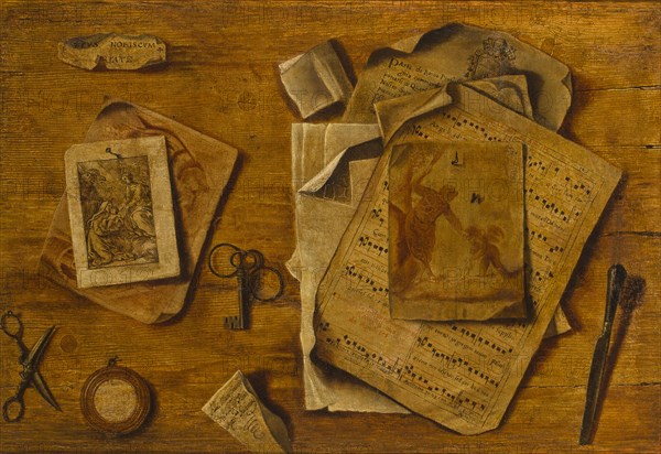 Trompe-l??il with musical score, drawings and keys, c. 1800. Artist: Anonymous
