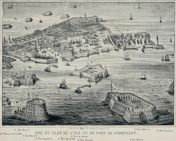 View and Plan of island and the port of Kronstadt, c. 1850. Artist: Anonymous