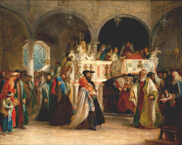 The Feast of the Rejoicing of the Torah at the Synagogue in Leghorn, Italy, 1850. Artist: Hart, Solomon Alexander (1806-1881)