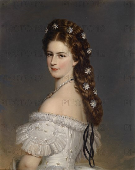 Empress Elisabeth of Austria with Diamond stars in her hair, ca 1860. Artist: Winterhalter, Franz Xavier (1805-1873)