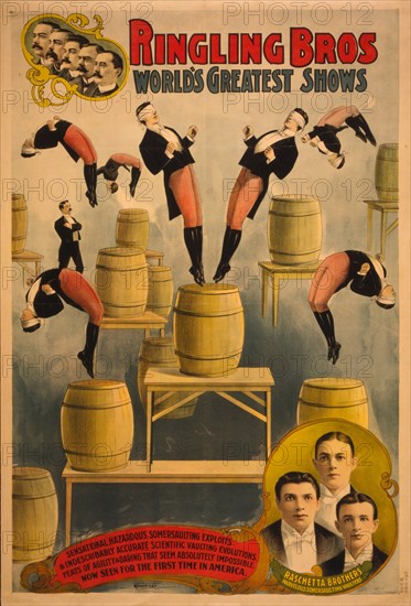Ringling Bros, world's greatest shows Raschetta brothers, marvelous somersaulting vaulters, c. 1900. Artist: Courier Company Lith.