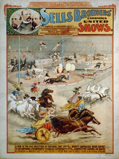 Sells Brothers' Enormous Shows, ca 1885. Artist: The Strobridge Lithographing Company