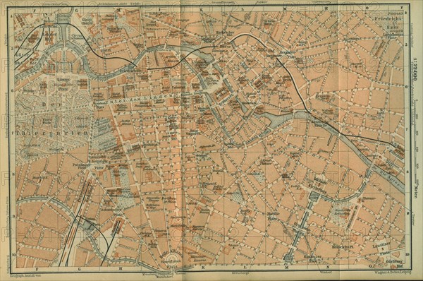 Map of Berlin Center, from a travel guide Baedeker's Northeast Germany, 1892. Artist: Wagner & Debes, Leipzig