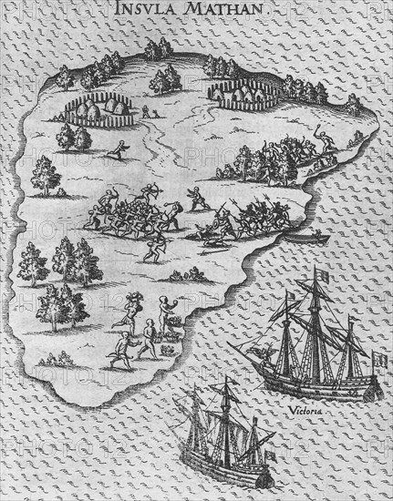 Death of Magellan on the Philippine island of Mactan. (From Levinus Hulsius's Beschreibung der wunde Artist: Anonymous