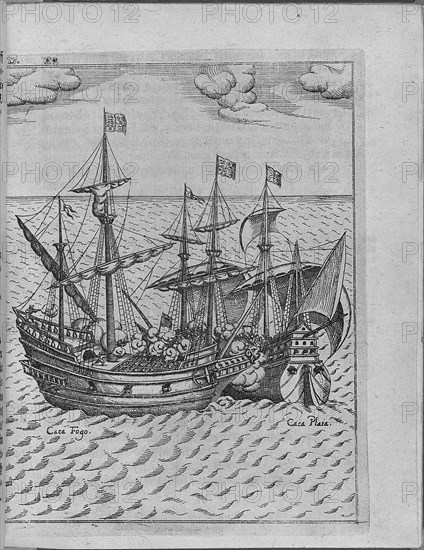 Battle between Francis Drake's ship Golden Hind and the Spanish ship Cacafuego. (From Levinus Hulsiu Artist: Anonymous