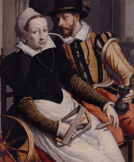 Man and Woman at the Spinning Wheel, c. 1570. Artist: Pietersz, Pieter, the Elder (1540-1603)