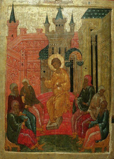 Prepolowenie (Christ among the Doctors), 15th century. Artist: Russian icon