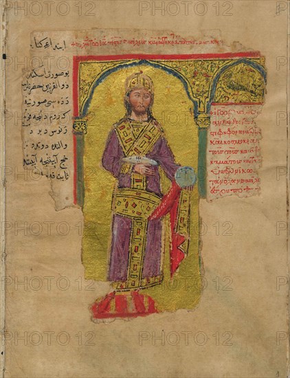 Alexander the Great in the Byzantine Emperor Dress (Miniature from the Alexander romance), 14th cent Artist: Byzantine Master