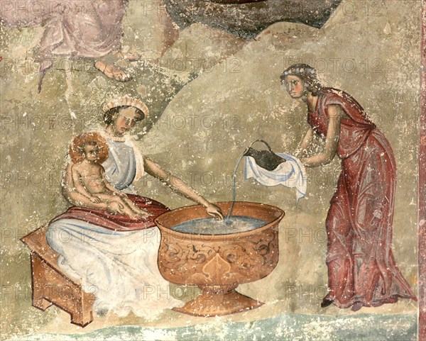 The washing of the child in the nativity scene, c. 1260-1270. Artist: Anonymous