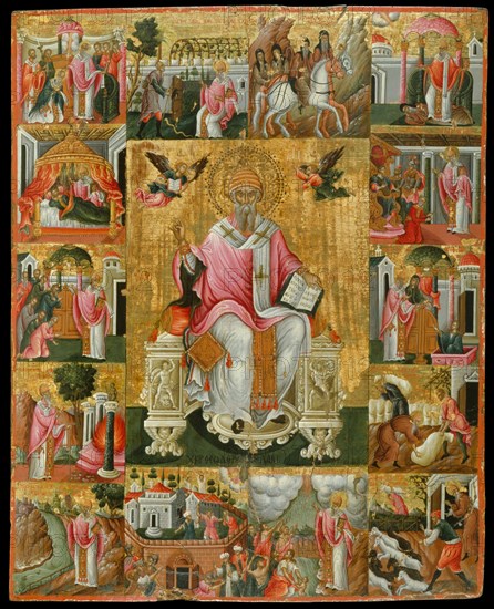 Saint Spyridon, Bishop of Trimythous with scenes from his life, Second Half of the 17th cen.. Artist: Poulakis, Theodore (1622-1692)