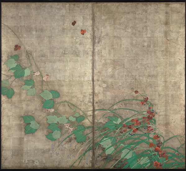 Summer and autumn flower plants. (Part of the pair of two-fold screens). Artist: Hoitsu, Sakai (1761-1828)
