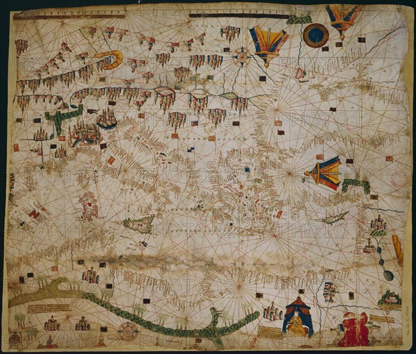 Nautical chart of the Mediterranean Sea and the Black Sea, 1440s. Artist: Rossell (Rosselli), Pere (Petrus) (active 1446-1489)