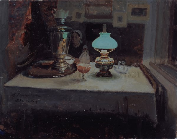 At the samovar, 1899. Artist: Kalinichenko, Jakov Jakovlevich (1869-1938)