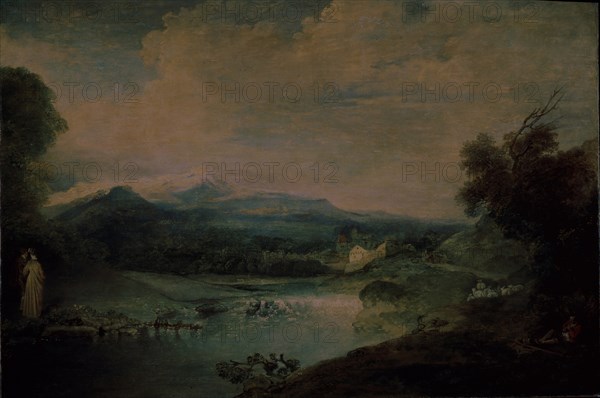 Landscape with a waterfall, ca 1714. Artist: Watteau, Jean Antoine (1684-1721)